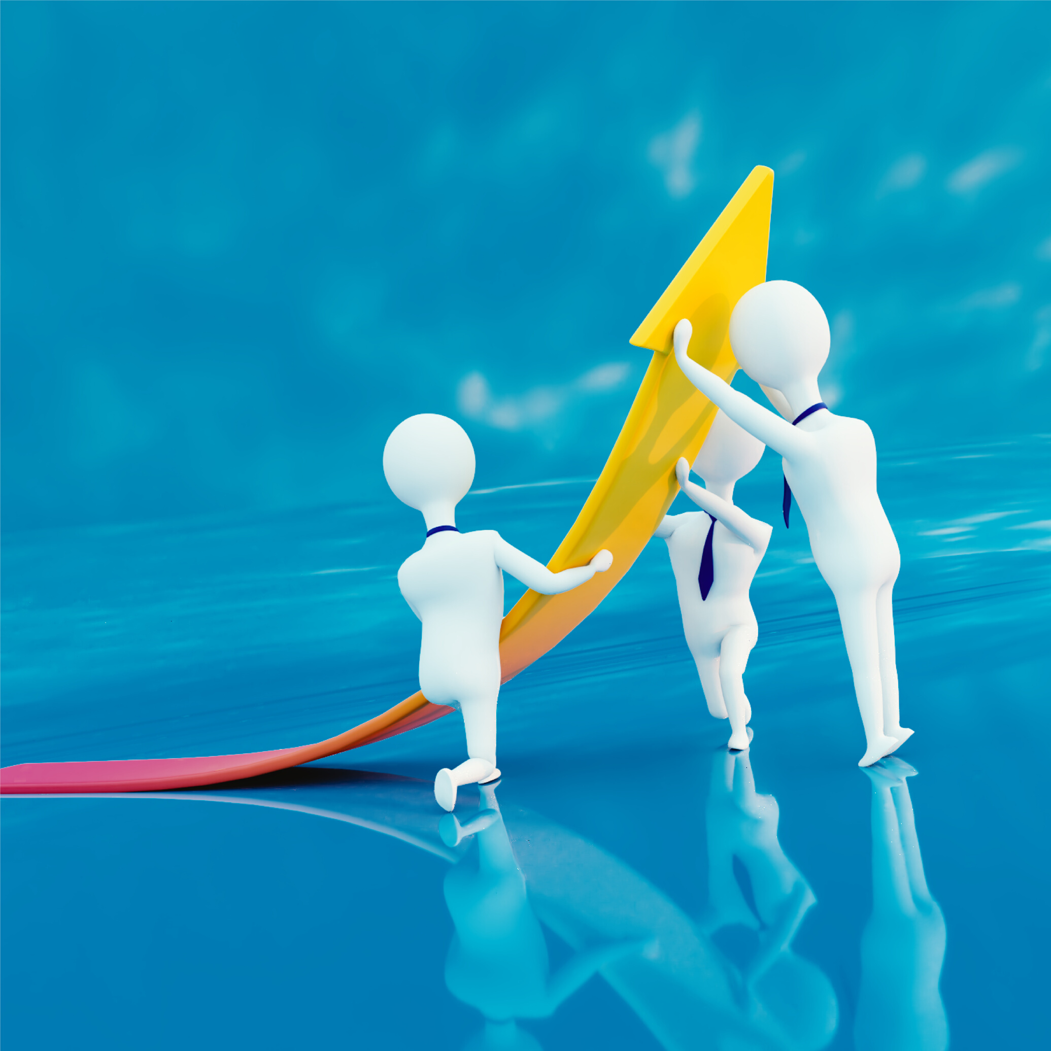 Business growth concept with business people holding upwards arrow on blue background. 3D render.